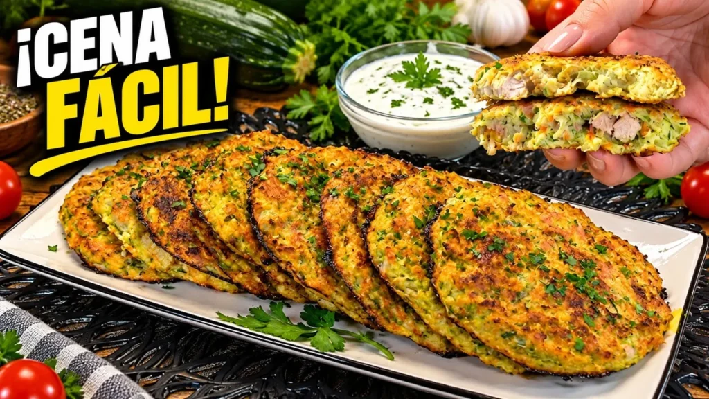 Tortitas de pollo y verduras al horno, servidas en un plato con la marca de agua Cocina con Flory.