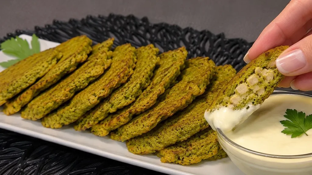 Seis tortitas de brócoli y pollo doradas al horno colocadas de forma ordenada sobre una bandeja con papel vegetal.